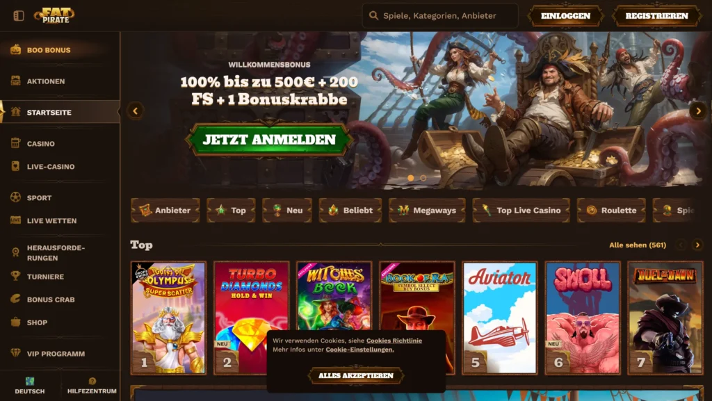 Screenshot der Fatpirate Homepage ohne Verifizierung